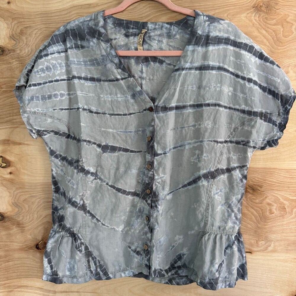 XCVI Linen Cotton Tie-Dye Blues Short Sleeve Button Down L